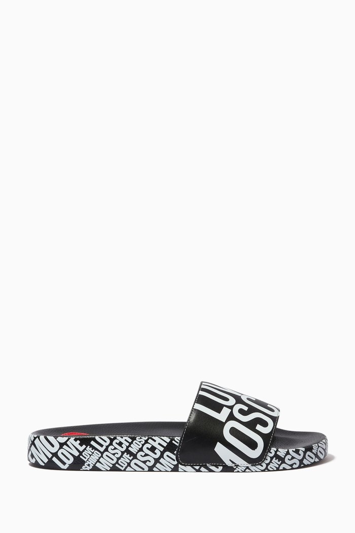 All-over Logo Pool Slides in Rubber, Black