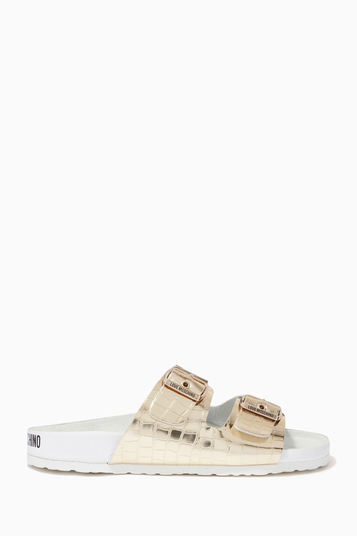 

Slide Sandals in Croc-embossed Metallic Leather, Gold