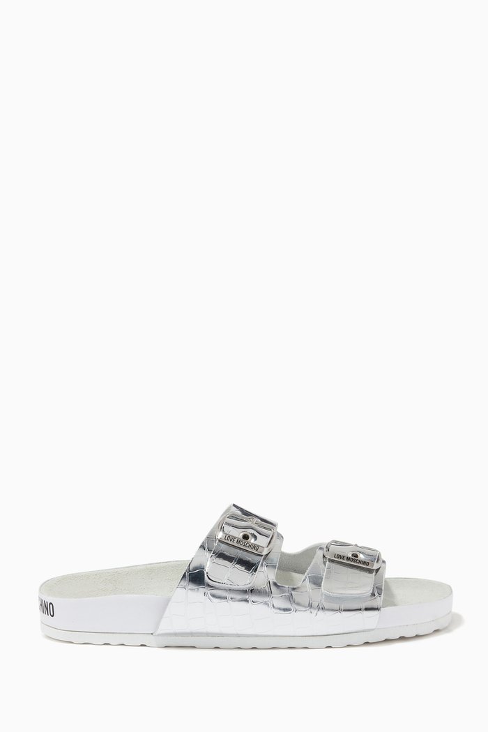 

Slide Sandals in Croc-embossed Metallic Leather, Silver