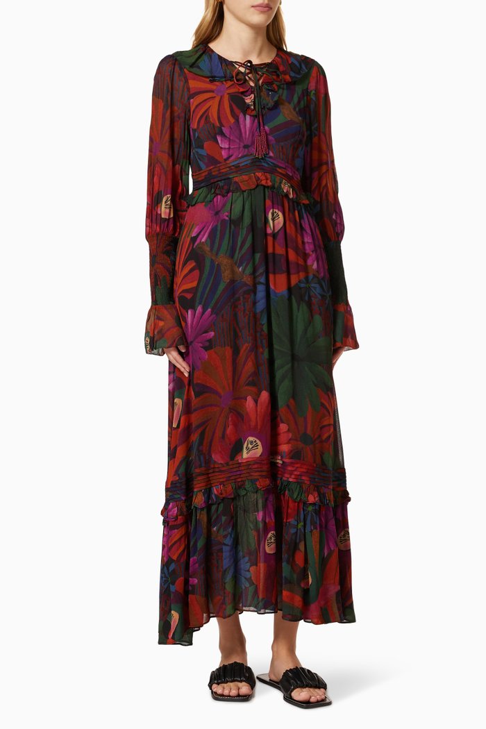

Tiered Bird Flowers Maxi Dress in Viscose, Red