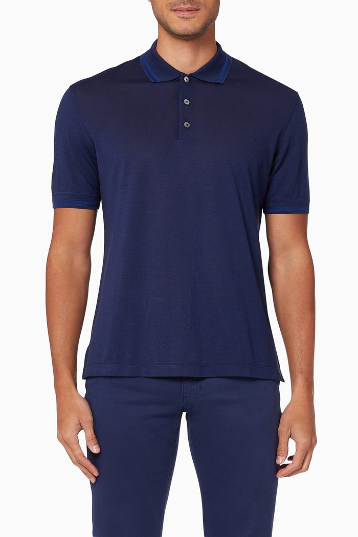 

Short Sleeve Polo Shirt in Cotton & Silk Jersey, Blue