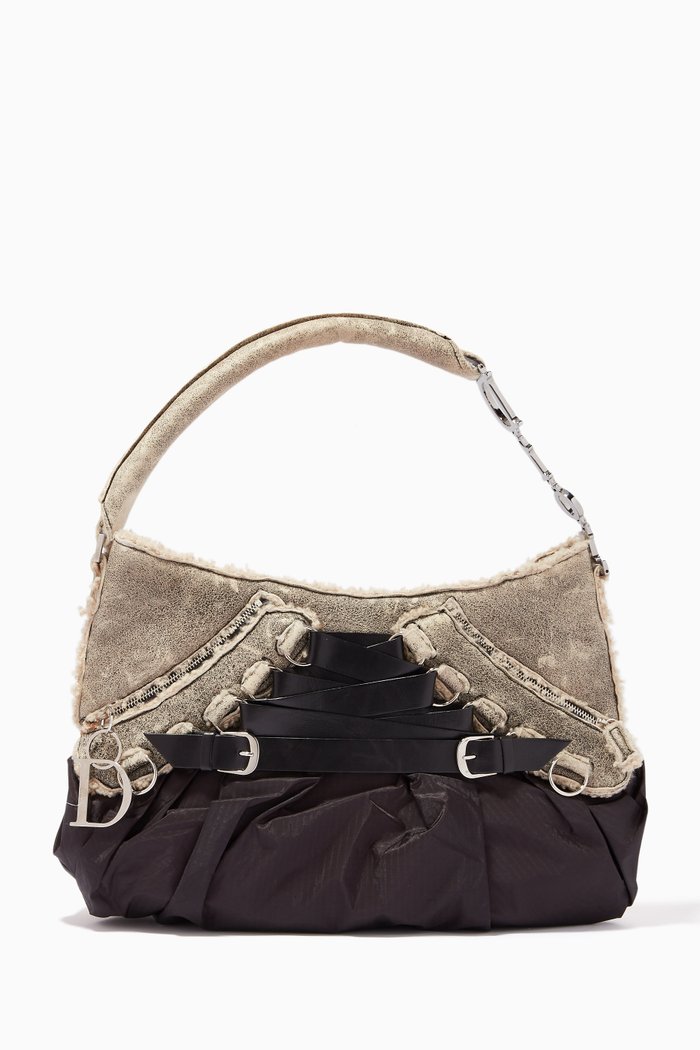 

Saddle Shoulder Bag in Shearling & Satin, Multicolour