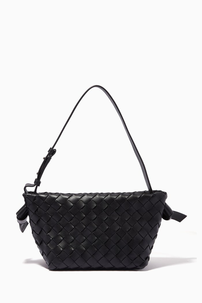 Tie Shoulder Bag in Intrecciato Leather, Black