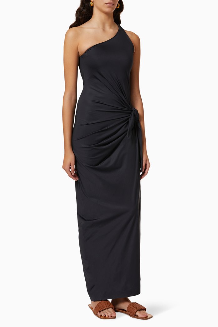 

Juno Asymmetric Dress in Stretch Swim Fabric, Black