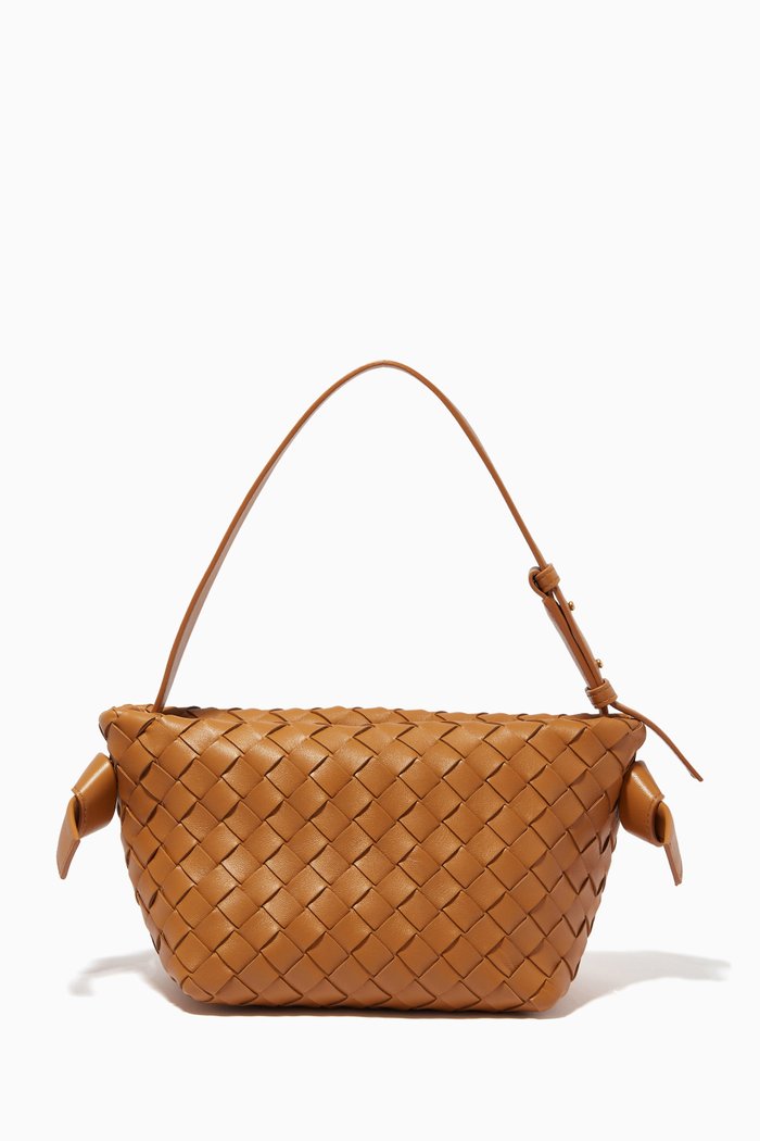 

Tie Shoulder Bag in Intrecciato Leather, Brown