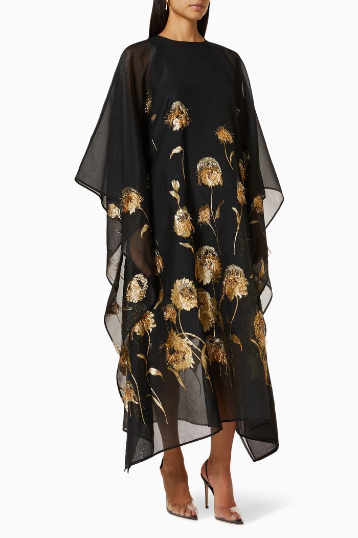 

Tulips Embroidered Kaftan in Chiffon, Black