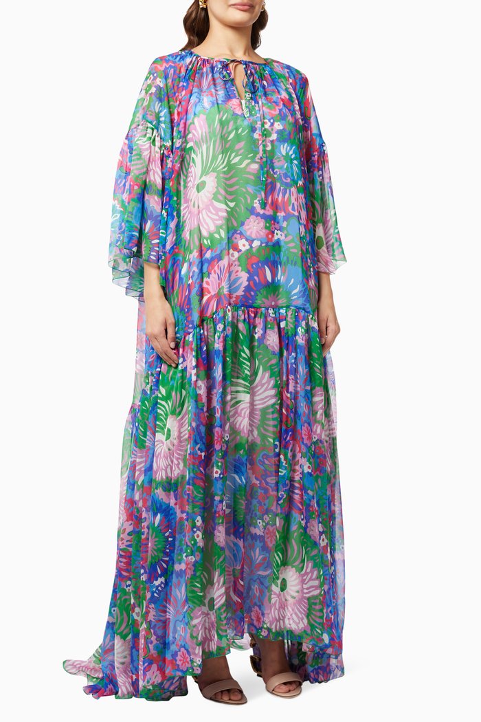 60s Print Oversized Kaftan in Silk Chiffon, Multicolour