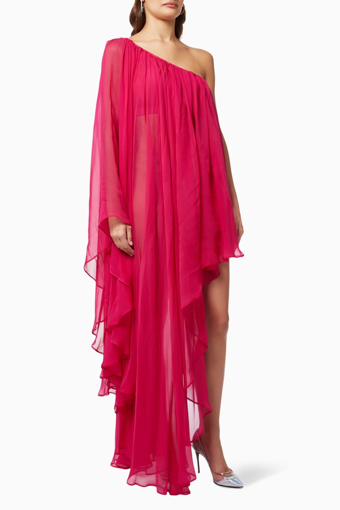 

Asymmetrical Draped Dress in Silk Chiffon, Pink