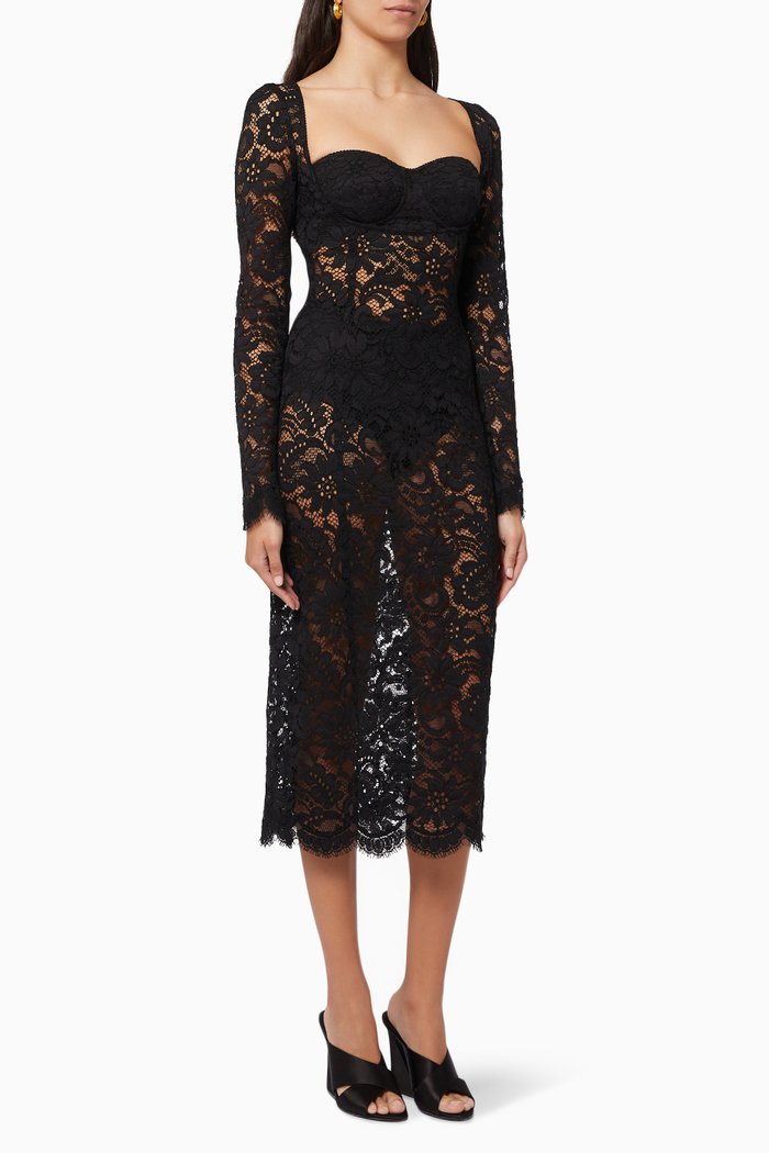 

Scalloped Midi Dress in Lace, Black