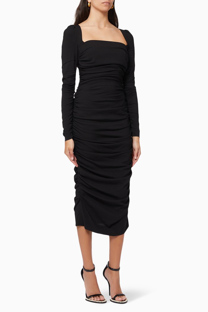 

Draped Midi Dress in Stretch Viscose & Silk, Black