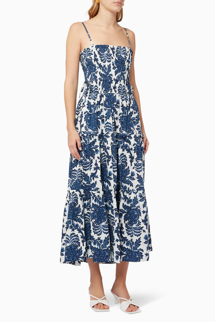 

Shirred Tiered Midi Dress in Cotton, Blue