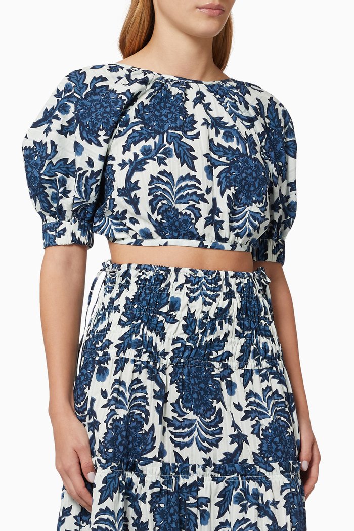 

Open Back Balloon Sleeve Crop Top in Cotton, Blue