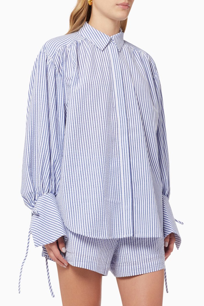 

Balloon Sleeve Striped Shirt in Cotton, Blue