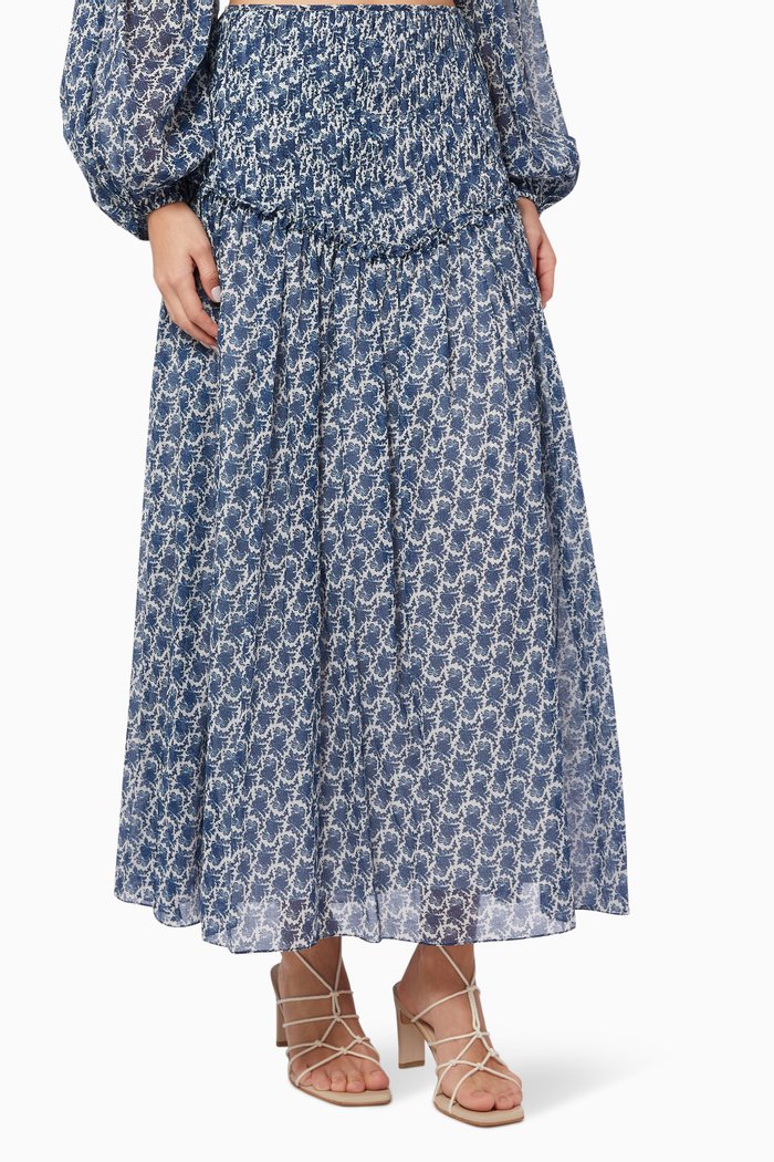 

Ruched Midi Skirt in Cotton, Blue