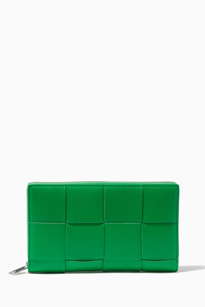 Zip Around Wallet in Intrecciato Urban Leather, Green
