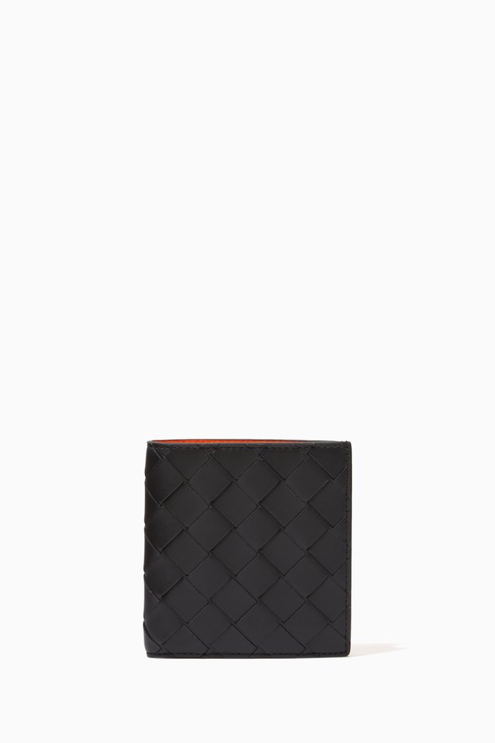 Slim Bi-fold Wallet in Intrecciato Leather, Black