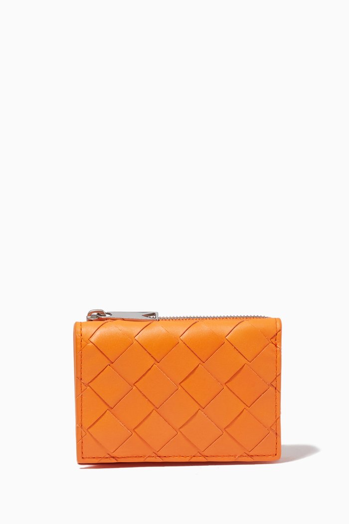 

Tiny Tri-fold Zip Wallet in Intrecciato Leather, Orange