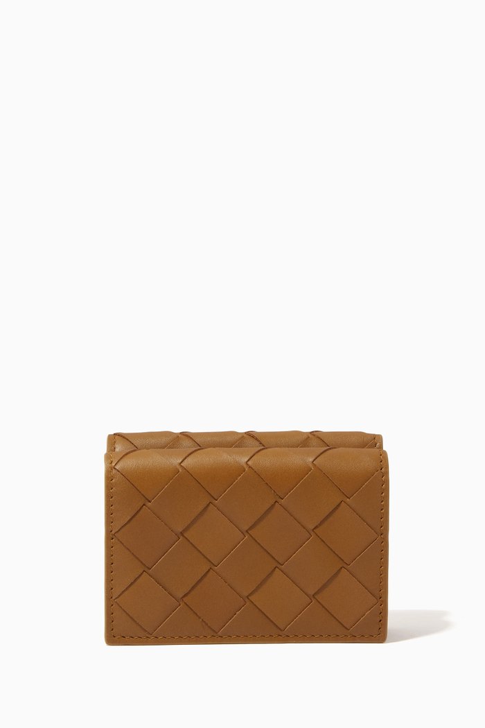 

Tiny Tri-fold Wallet in Intrecciato Calfskin, Brown