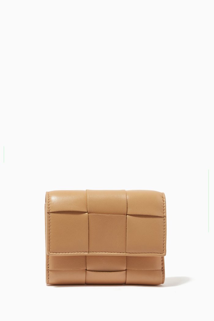 

Mini Tri-fold Zip Wallet in Intrecciato Nappa, Neutral