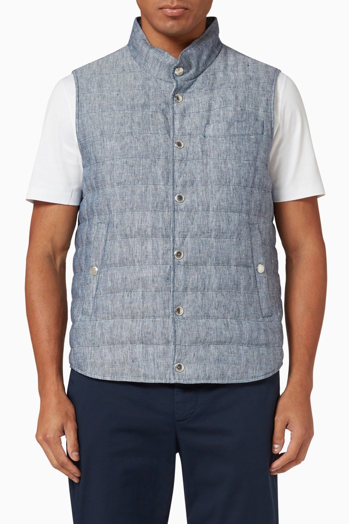 

Water Resistant Down Padded Vest in Linen Hemp Blend, Blue