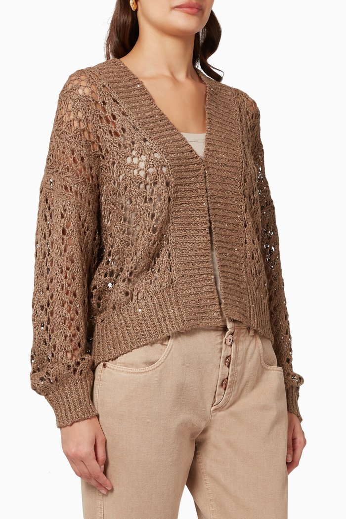 

Woven Cardigan in Linen & Silk Blend, Brown