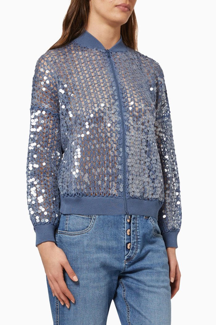 

Sequin Embroidered Bomber Jacket in Jute & Cotton, Blue