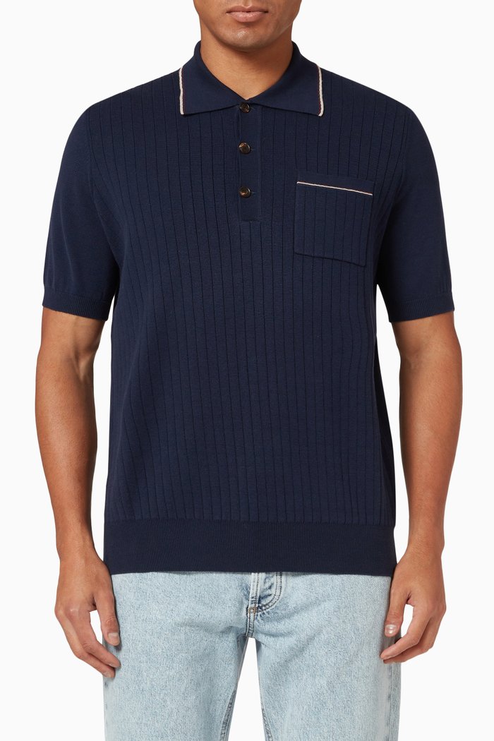 Polo Shirt in Rib Knit, Blue