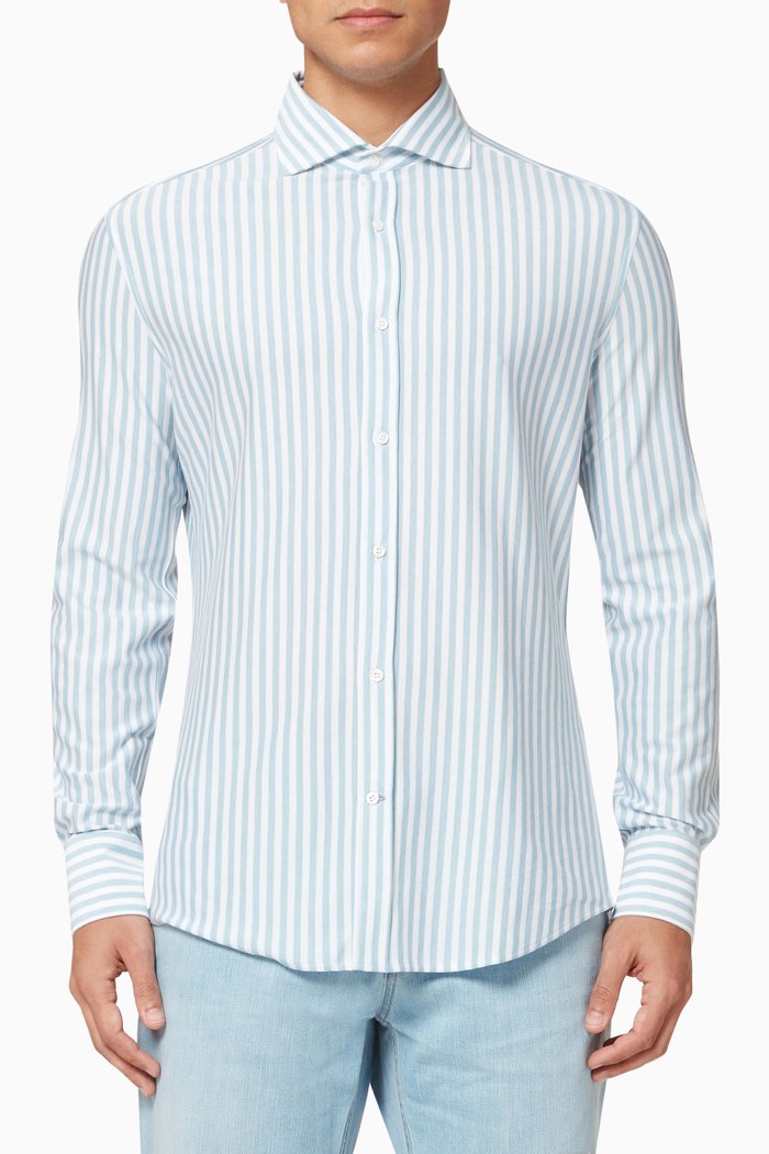 

Striped Slim Shirt in Cotton Poplin, Blue