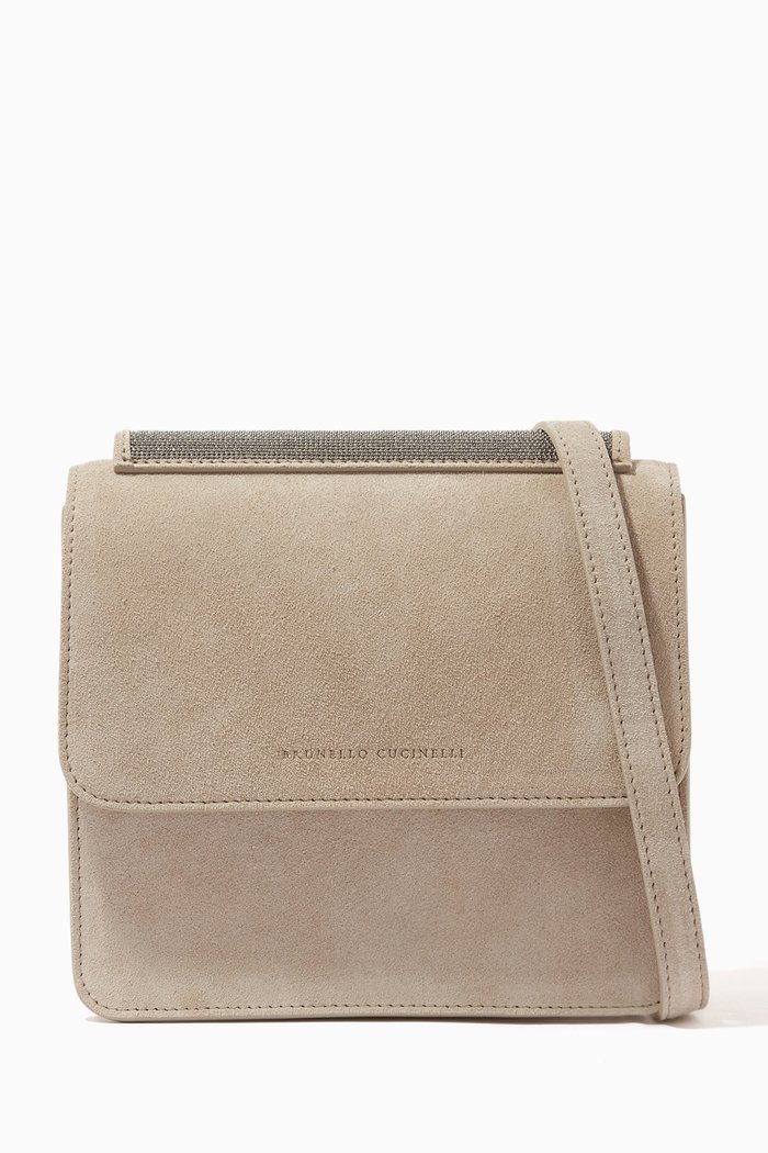 

Studded Shoulder Bag in Calf Leather, Grey