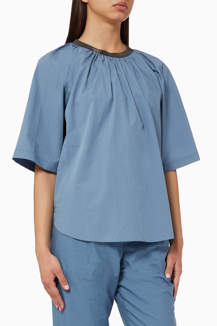 

Embellished Neckline Top in Cotton Poplin, Blue