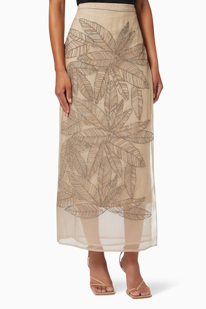 

Beaded Midi Skirt in Silk & Linen, Brown