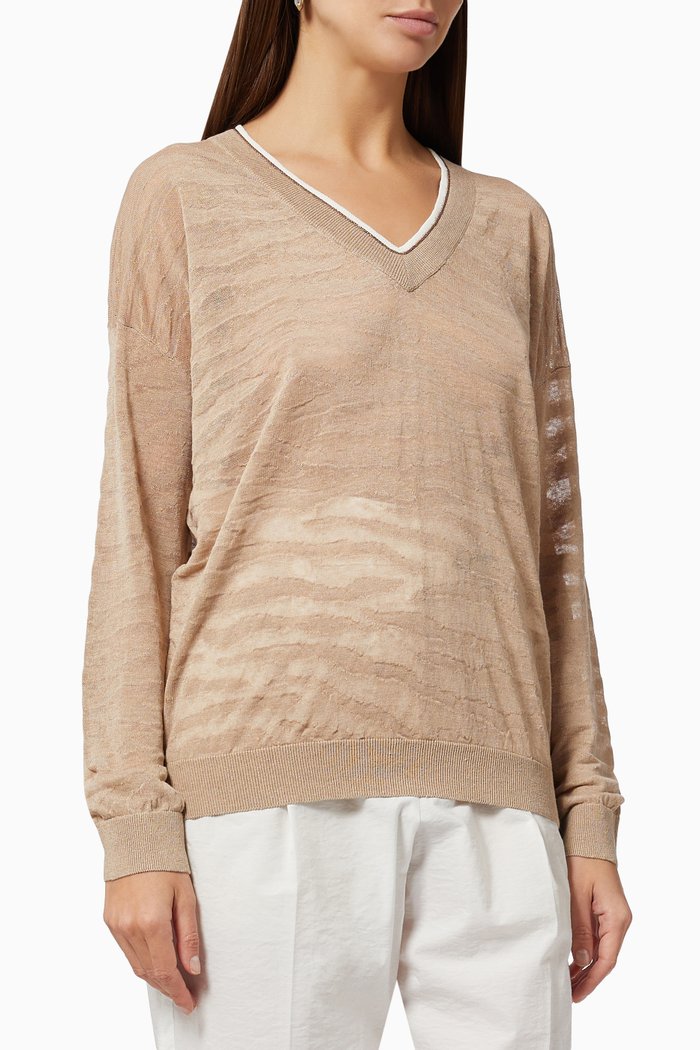 Striped Sweater in Linen-blend Knit, Neutral