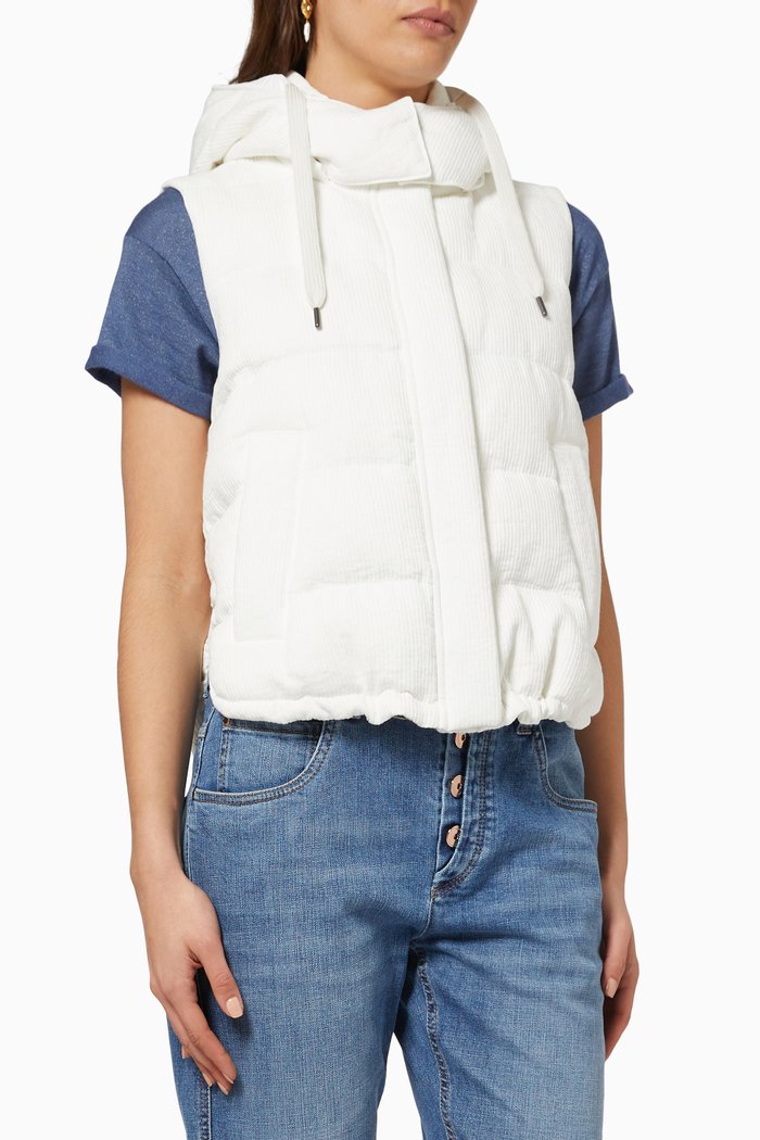 

Down Vest with Detachable Hood in Linen & Cotton Canneté, White