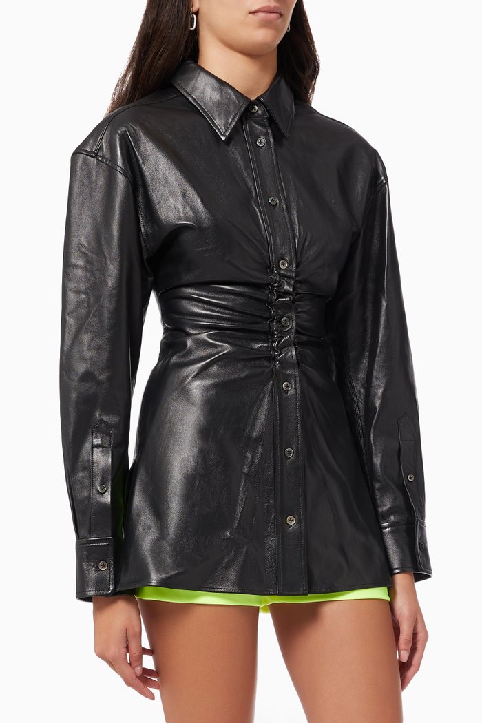 

Ruched Waist Shirt in Leather, Black