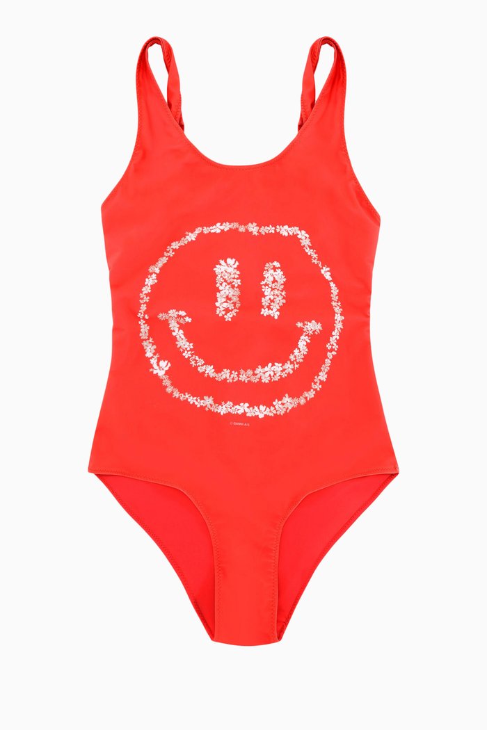 

Floral Smiley Swimsuit in Recycled Nylon, Red