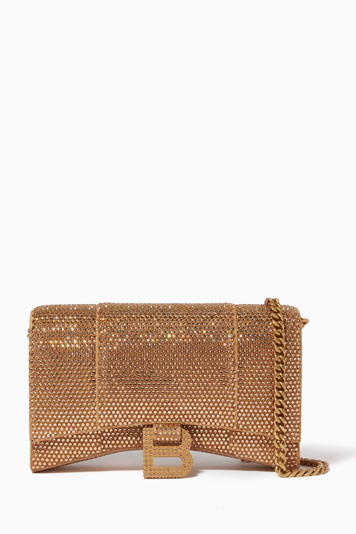 

Hourglass Wallet on Chain in Rhinestones Suede Calfskin, Gold
