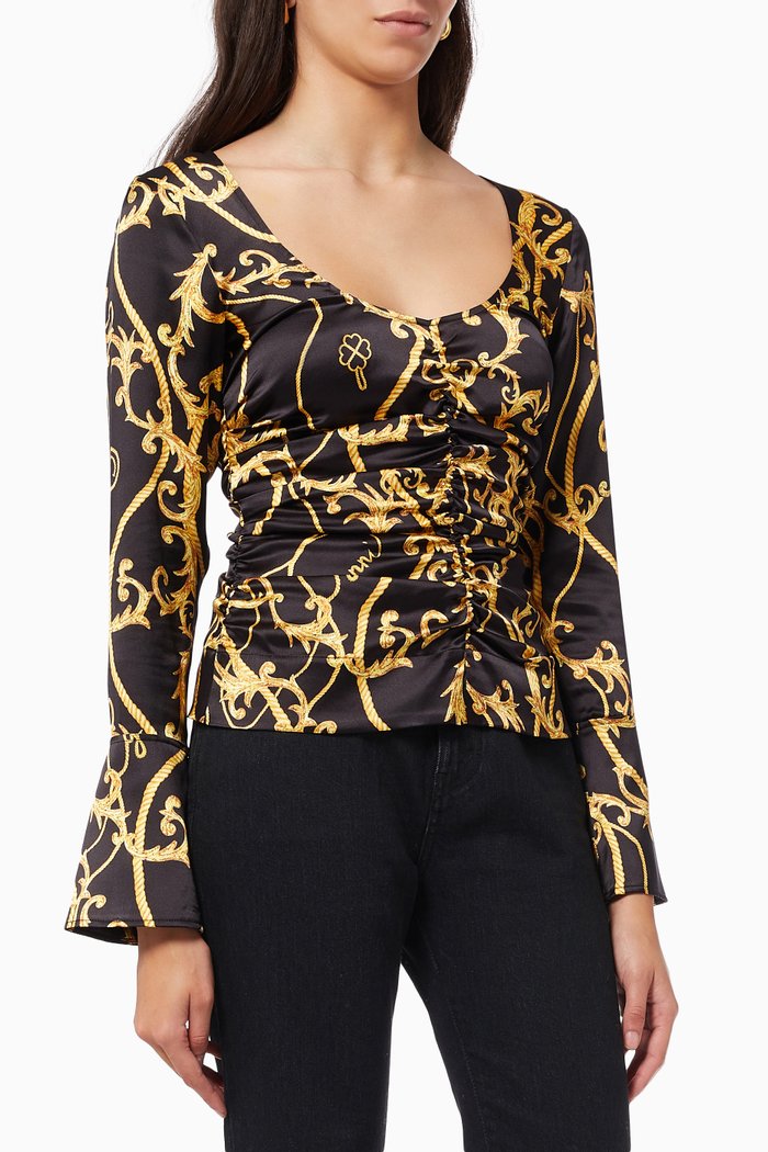 

U-neck Ruched Blouse in Stretch Organic Silk, Black