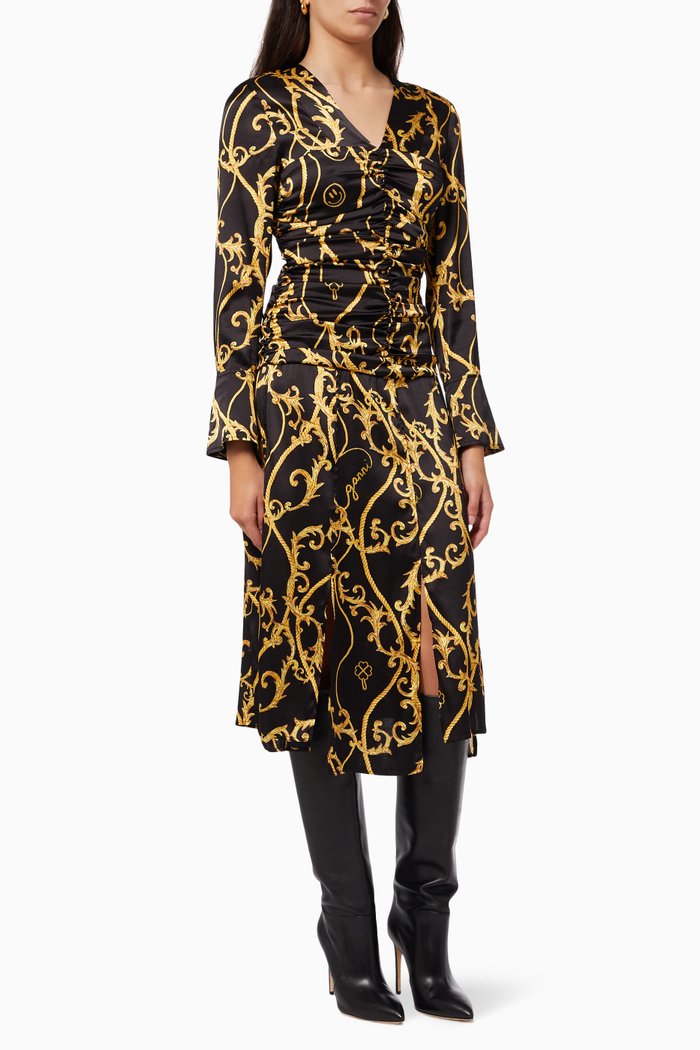 

V-neck Ruched Midi Dress in Stretch Organic Silk, Black