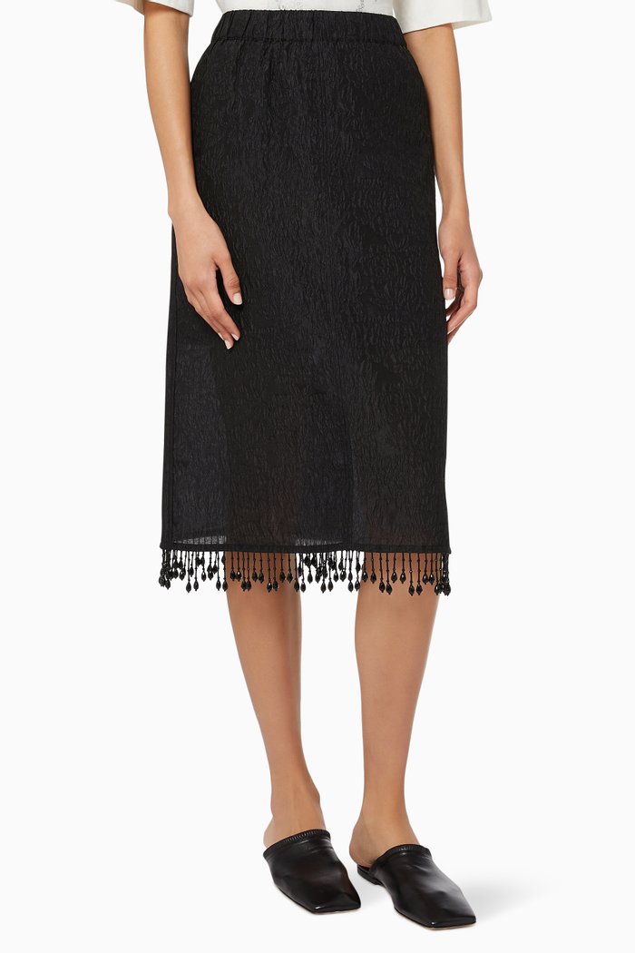 

Fringe Midi Skirt in Jacquard Organza, Black
