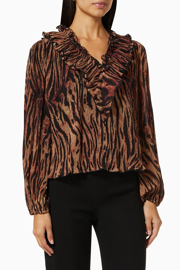 

Pleated Ruffle Blouse in Recycled Georgette, Brown