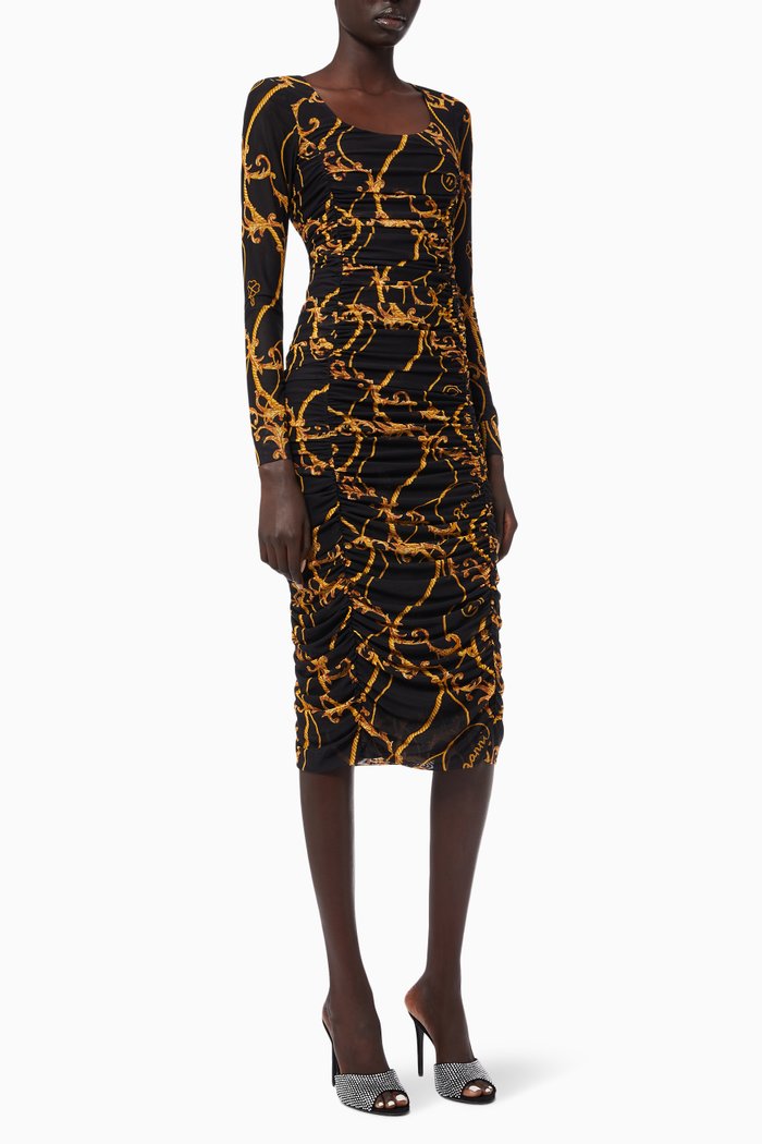 

Ruched Bodycon Midi Dress in Recycled Mesh, Black