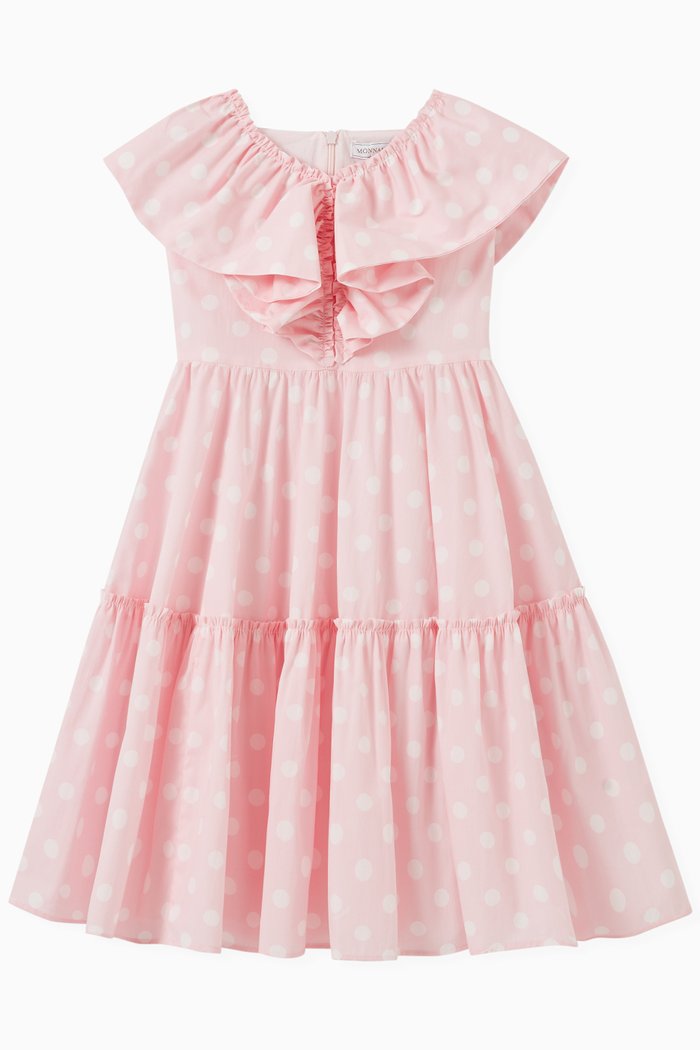 

Polka Dot Ruffle Dress in Poplin, Pink