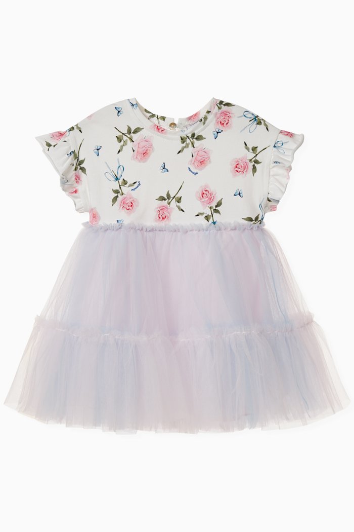

Roses Print Dress in Jersey & Tulle, White