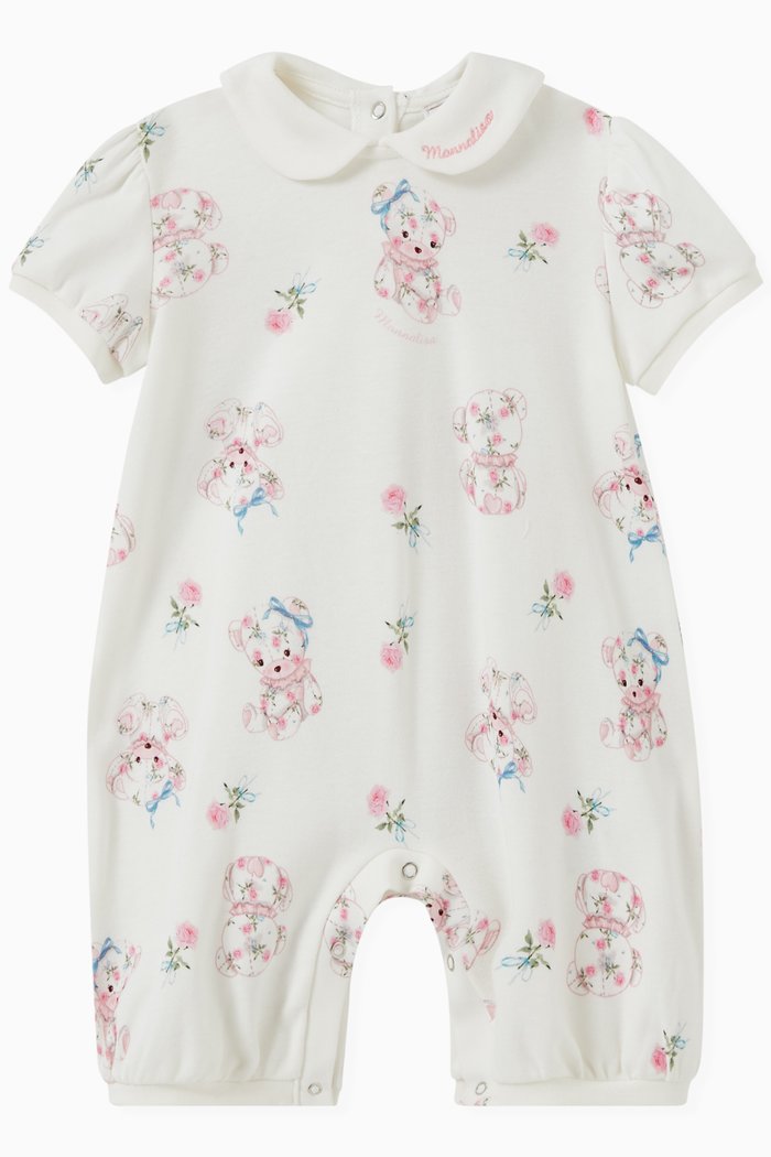 

Teddy Print Romper in Cotton Jersey, White