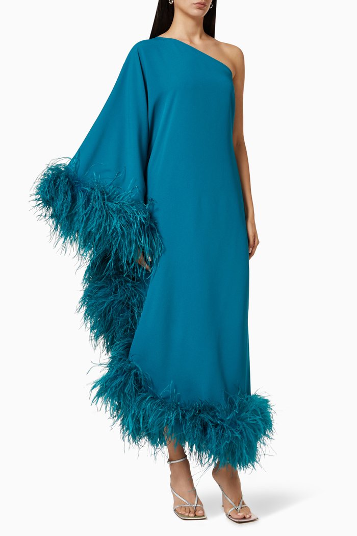 

Ubud Feather Trim Dress in Crepe, Blue