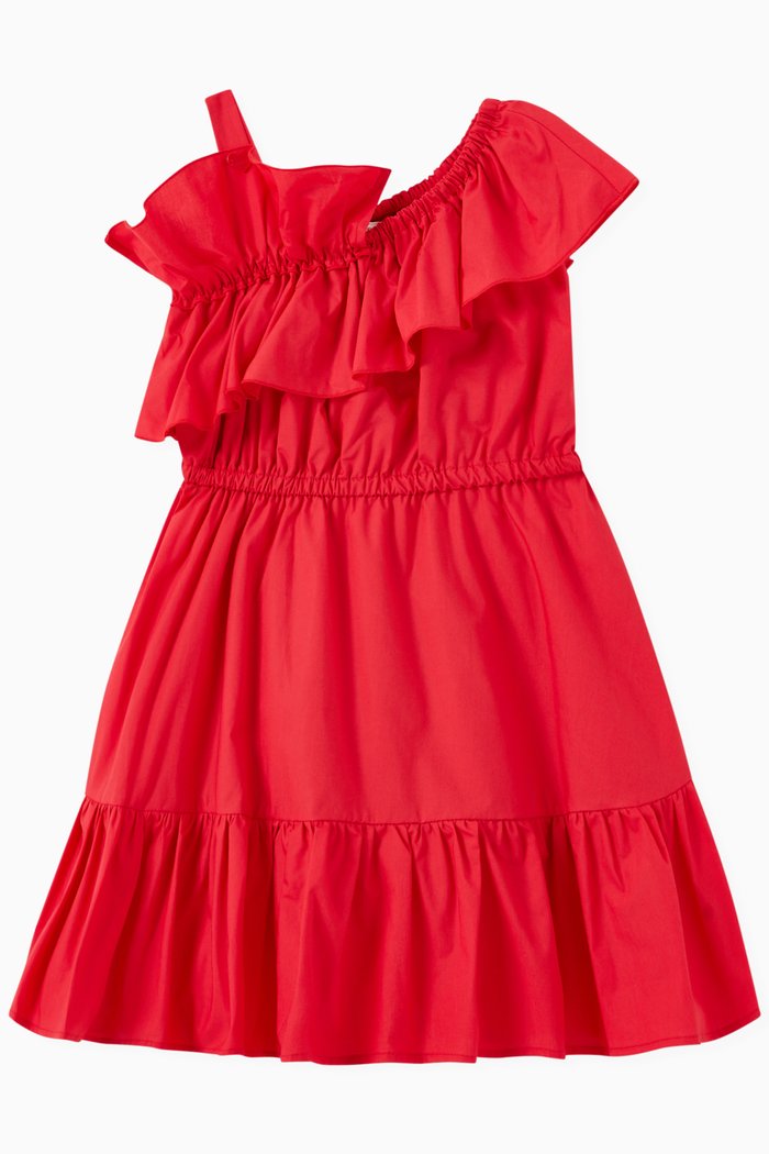 

One Shoulder Ruffled Dress in Poplin, Red