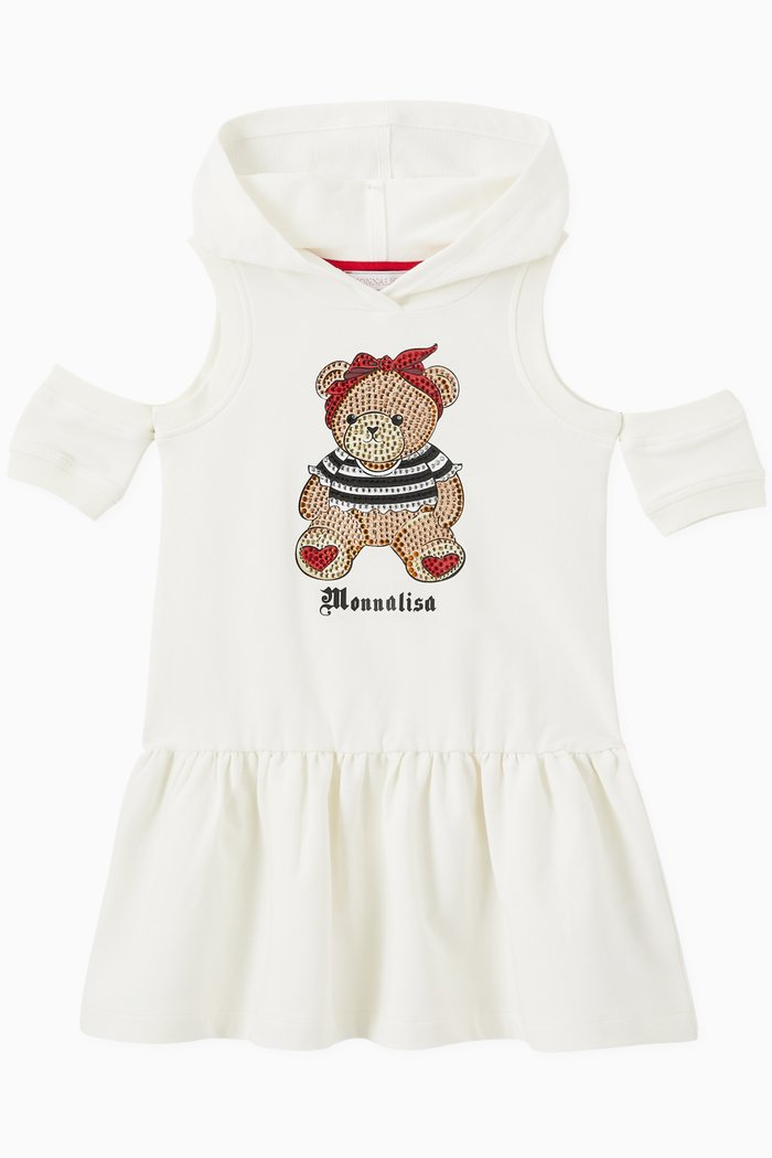 

Teddy Bear Print Muff Dress in Cotton Fleece, White
