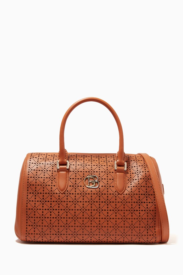 

Top Handle Bowling Bag in Embossed Leather, Brown