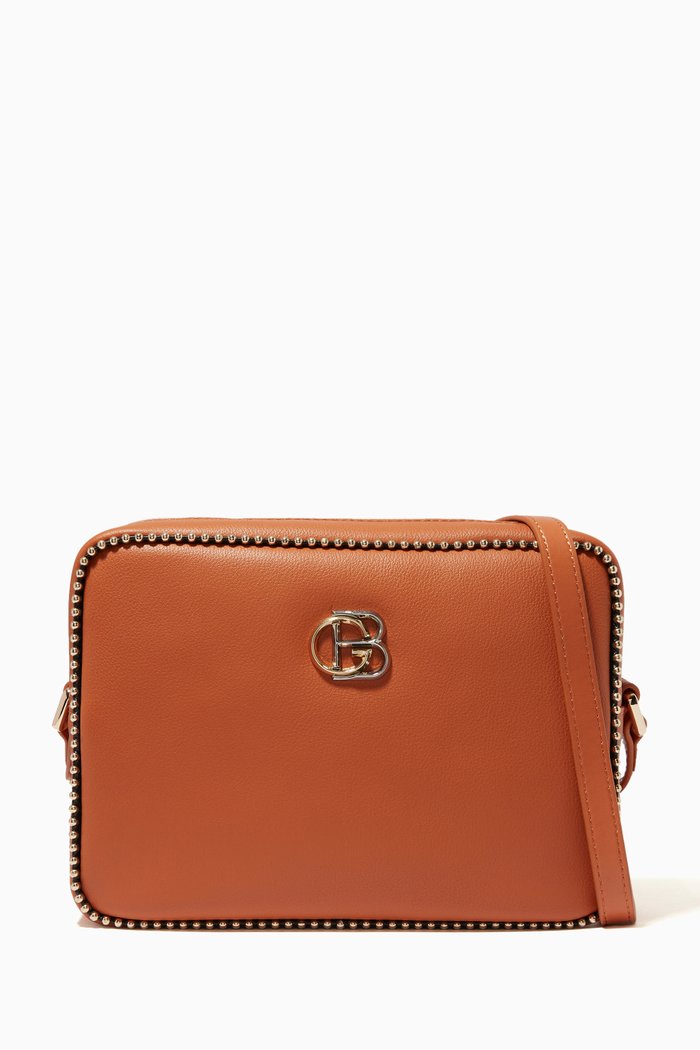 

Studded Crossbody Bag in Smooth Leather, Brown