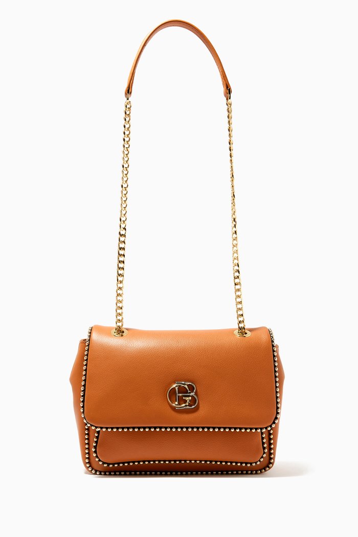 

Studded Crossbody Bag in Smooth Leather, Brown